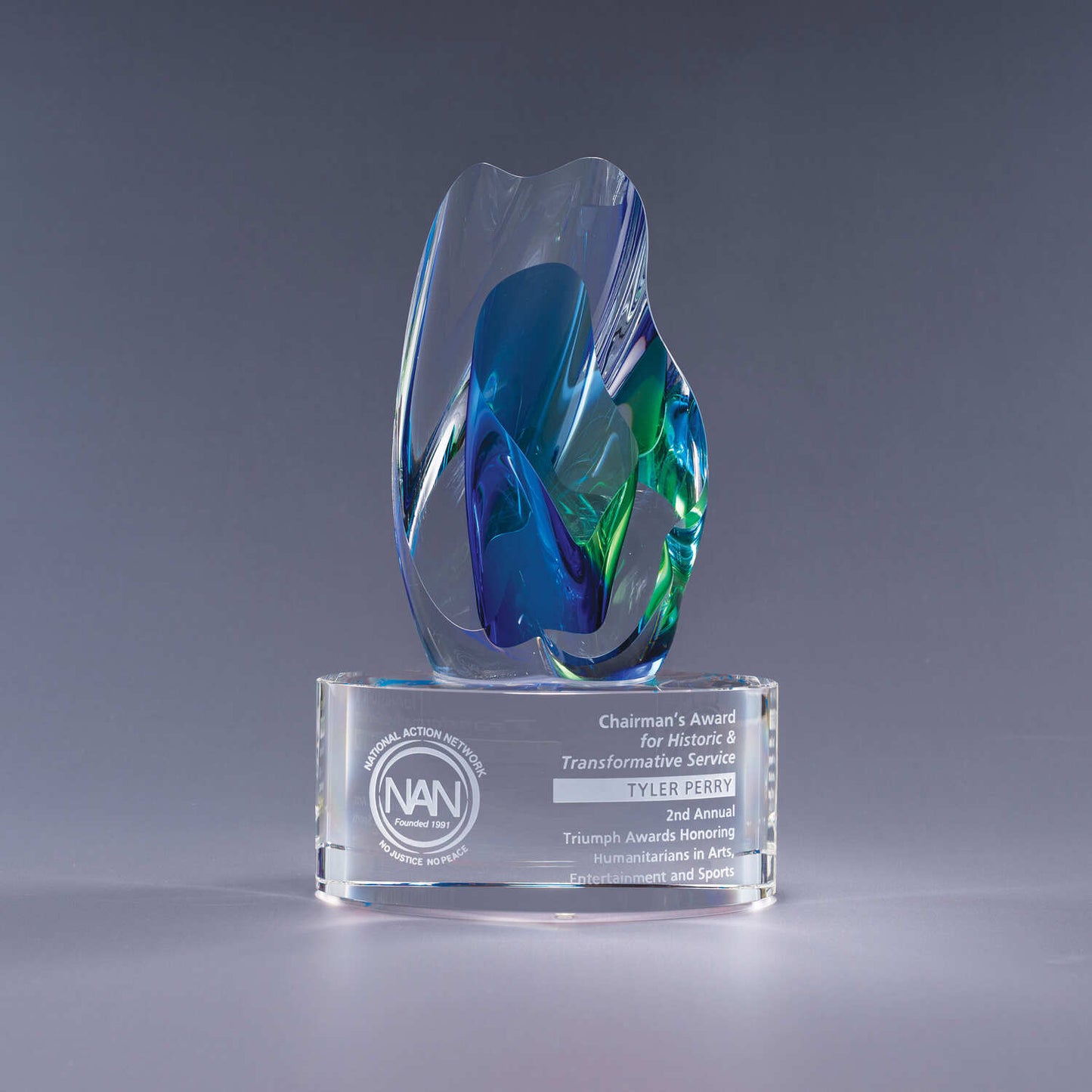 art glass award with blue green mediterranean colors