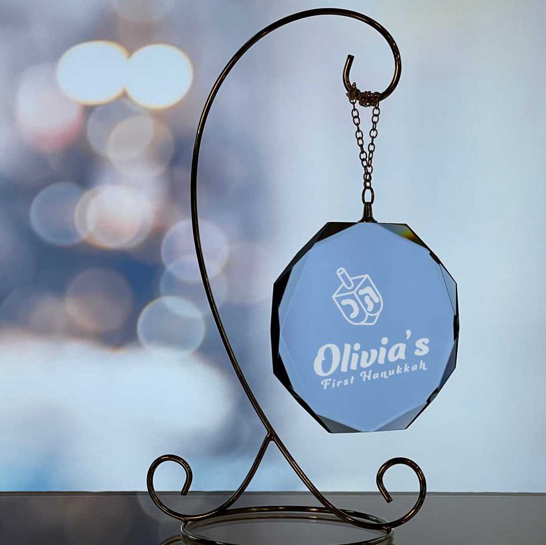 Personalized Blue Crystal Octagon Ornament Engraved for the Holidays - Personalized Engraved Gifts