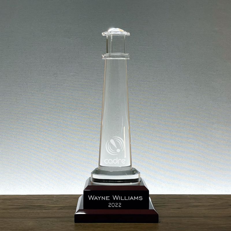 14 Inch Crystal Lighthouse Award on Rosewood Base, The Cape Charles - Personalized Engraved Gifts
