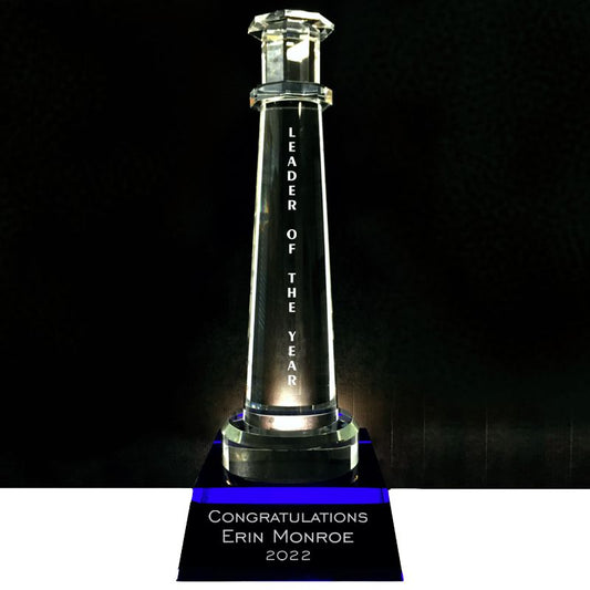 18 Inch Crystal Lighthouse Award on Blue Crystal Base, The Cape Hatteras - Personalized Engraved Gifts