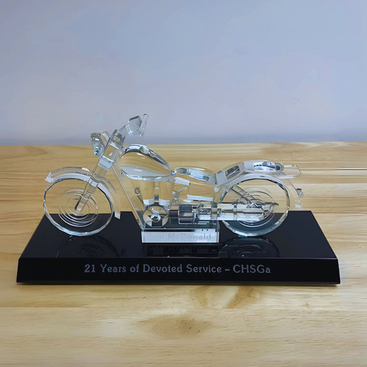 Engraved Crystal Motorcycle Award Figurine on Black Base