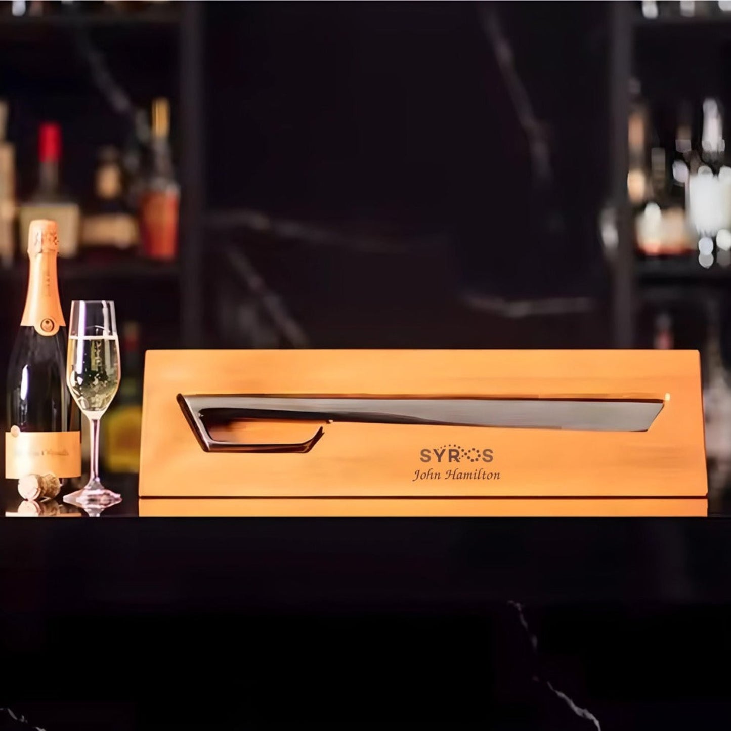 modern saber in wooden engraved display case