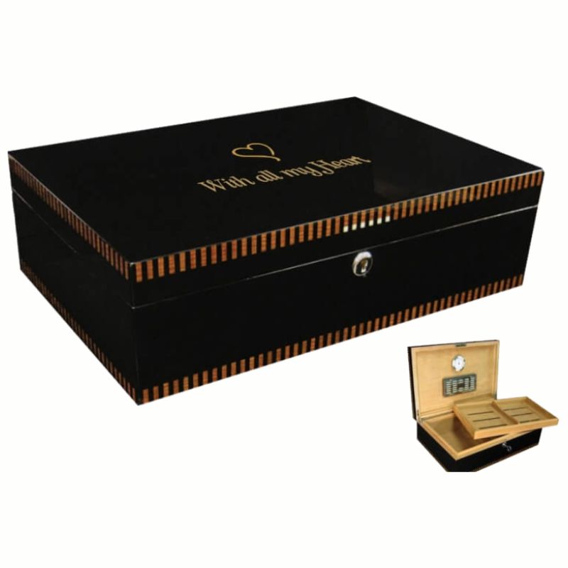 Engraved Black Lacquer Humidor with Inlay Design ~ Winston - Personalized Engraved Gifts