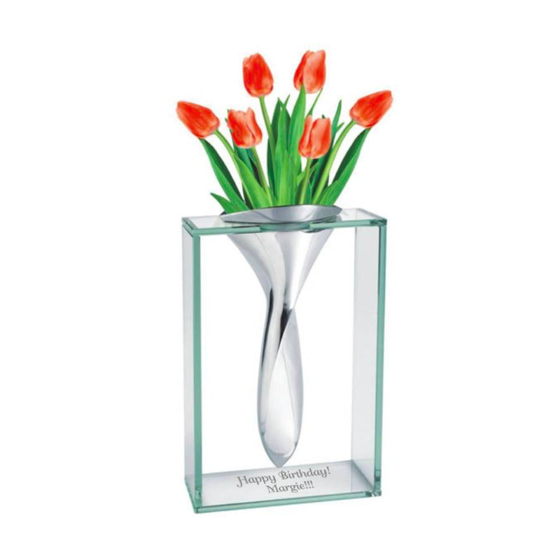 Engraved Contemporary Chrome and Glass Vase ~ Twist - Personalized Engraved Gifts