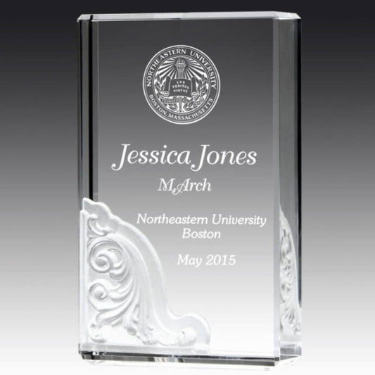 Engraved Crystal Block Award with Pate De Verre Architectural Design - Personalized Engraved Gifts