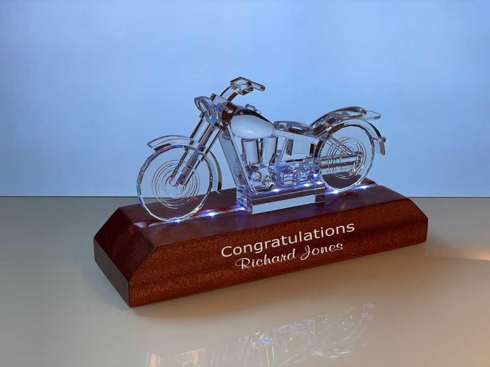 Crystal Motorcycle Award Figurine with Wooden Base - Victory - Personalized Engraved Gifts