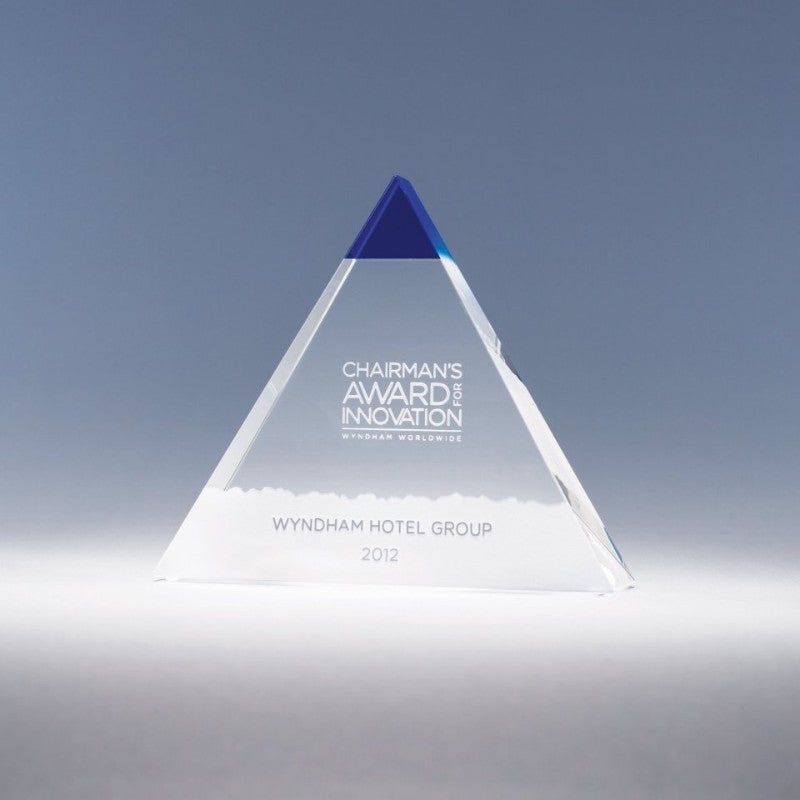Engraved Crystal Pyramid with Blue Summit - Personalized Engraved Gifts