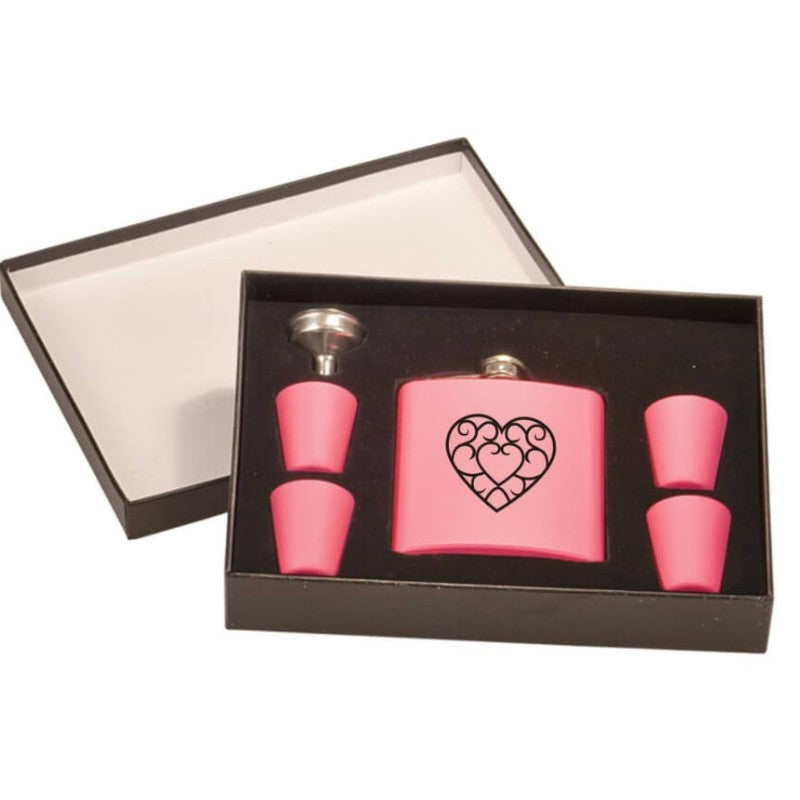 Engraved Pink Flask Gift Set with 4 Shot Glasses - Personalized Engraved Gifts