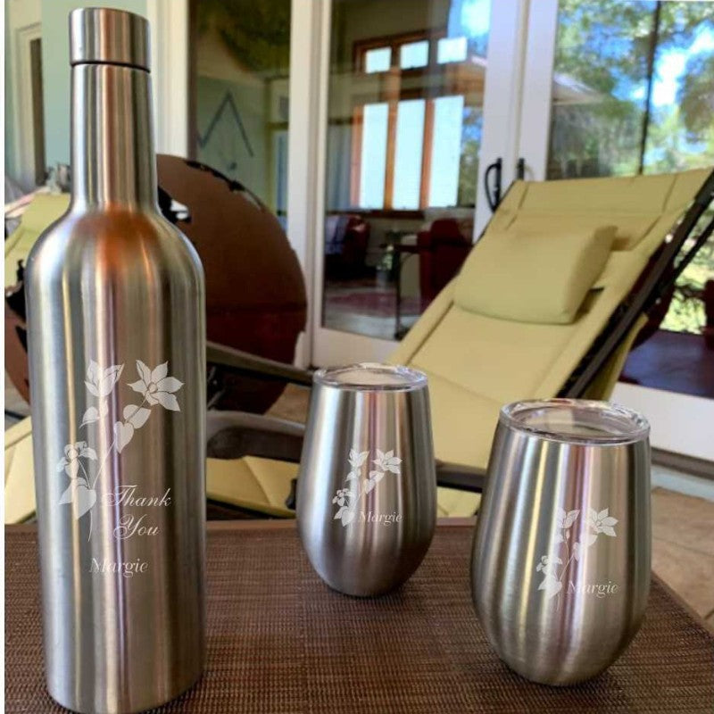 Engraved Stainless Steel Wine Flask with 2 Stemless Glasses - Personalized Engraved Gifts