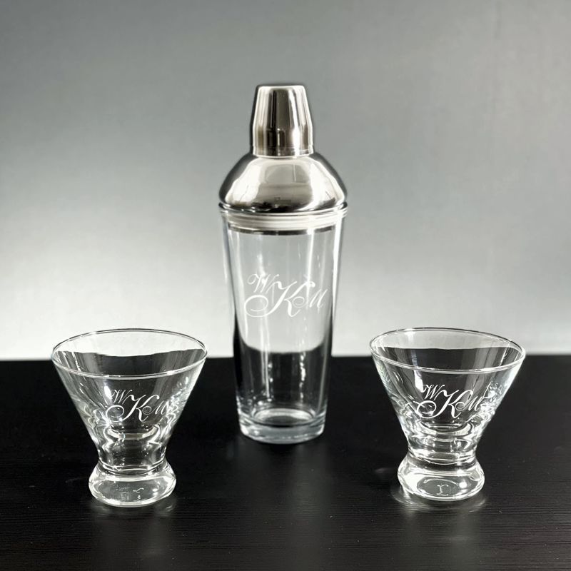 Engraved Jazz Glass Cocktail Shaker with 2 Personalized Stemless Martini Glasses - Personalized Engraved Gifts