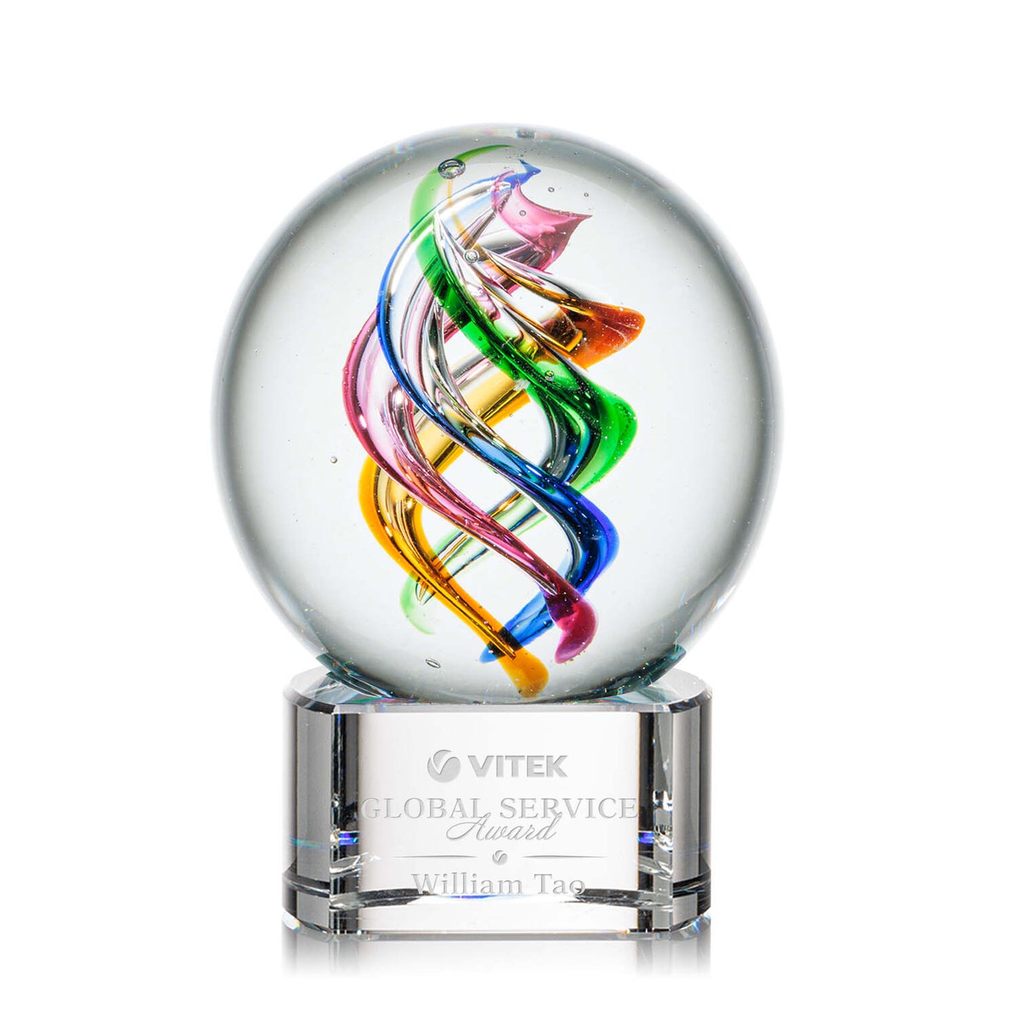 Globo de vidrio artístico con espirales de colores sobre base de cristal ~ Chroma
