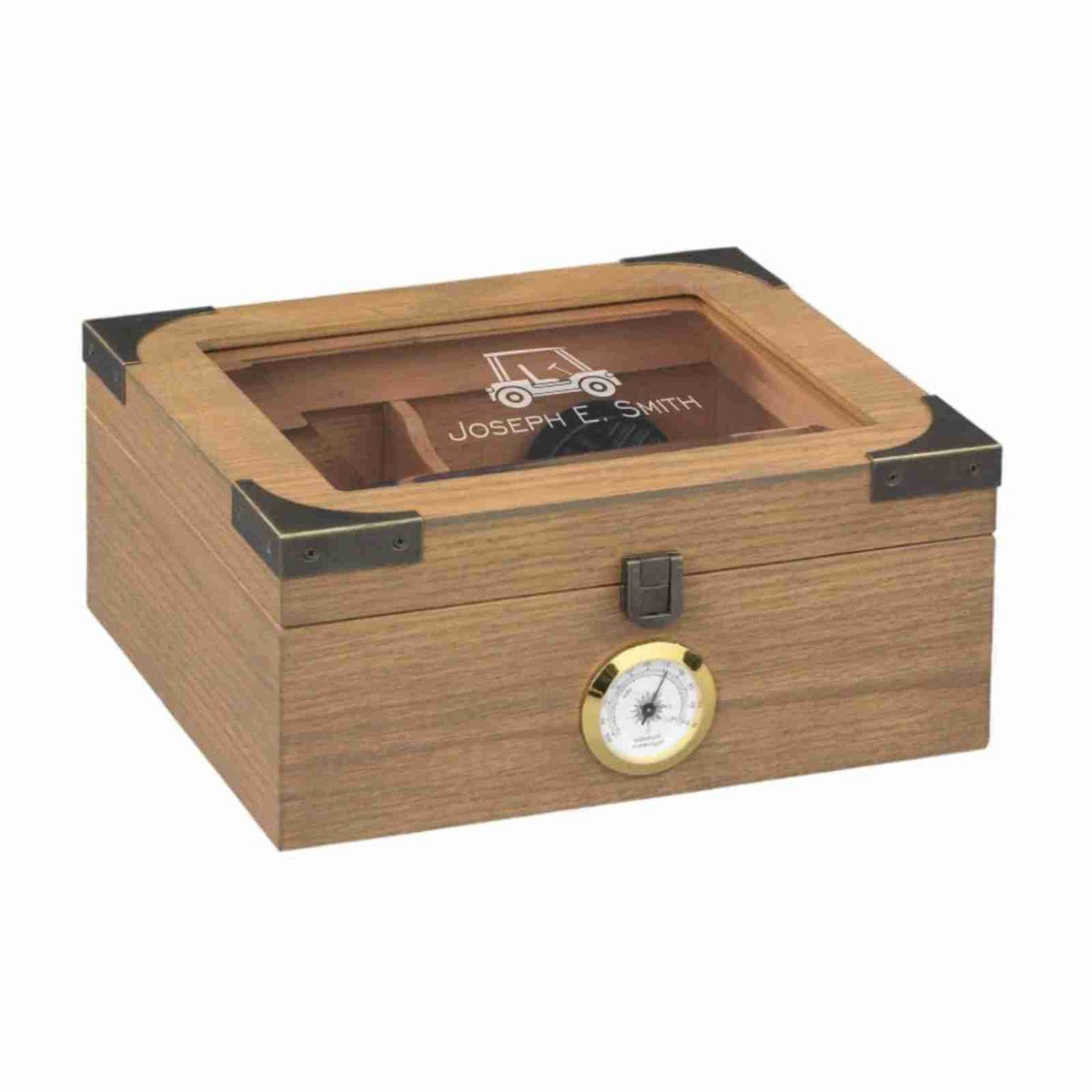 engraved light wood humidor glasstop