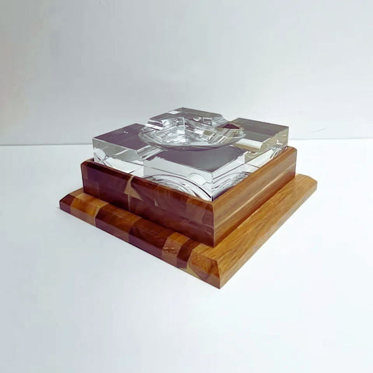 Engraved Large 1.5 Inch Thick Crystal Ashtray on Finished Wooden Base ~ Presidente Extra