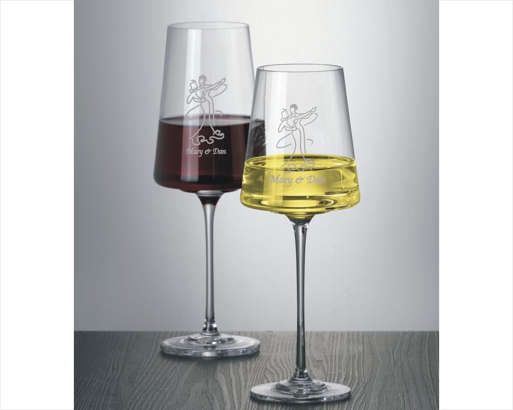 Modernist Red & White Crystal Engraved Wine Glasses - Personalized Engraved Gifts