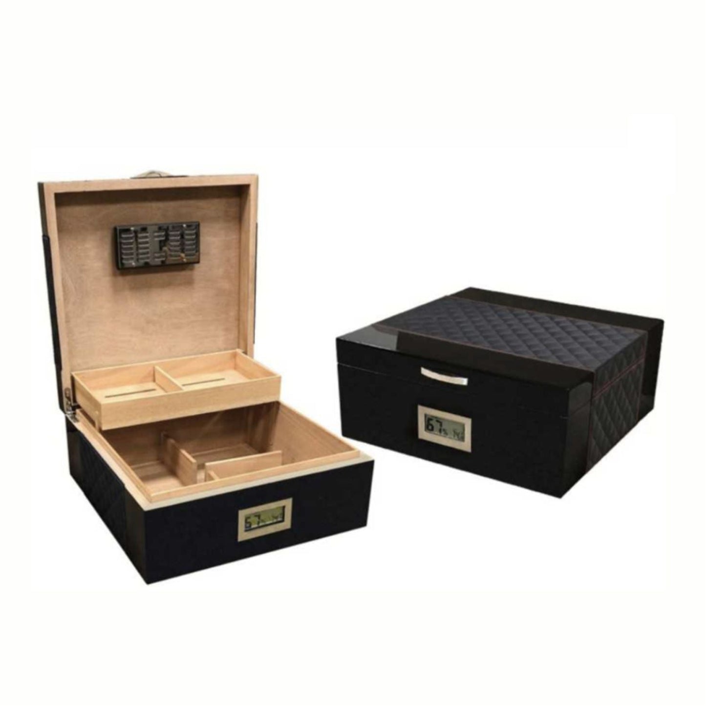 Personalized Black Lacquer Finish Humidor with Bonded Leather - Taina Black - Personalized Engraved Gifts