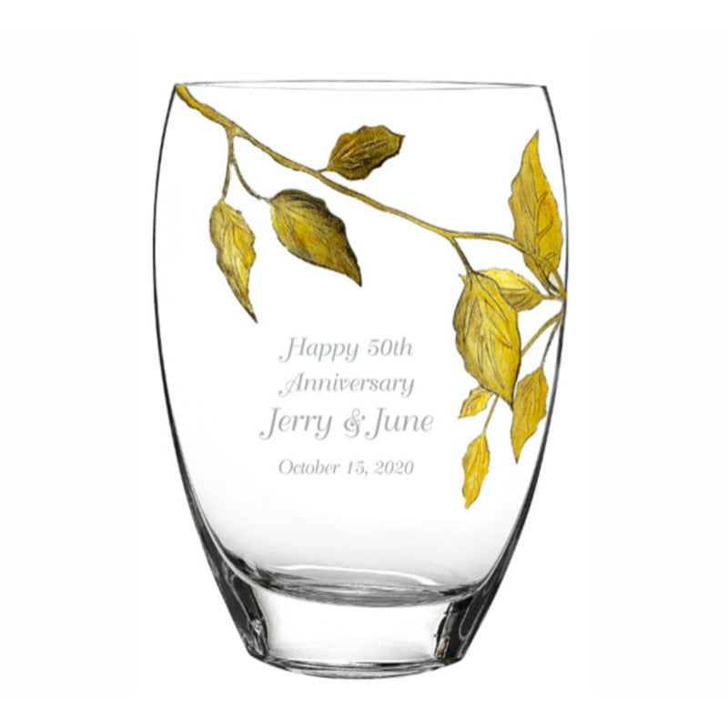 Personalized Crystal Vase with Gold Leaf Metallic Accents ~ Kimbell - Personalized Engraved Gifts