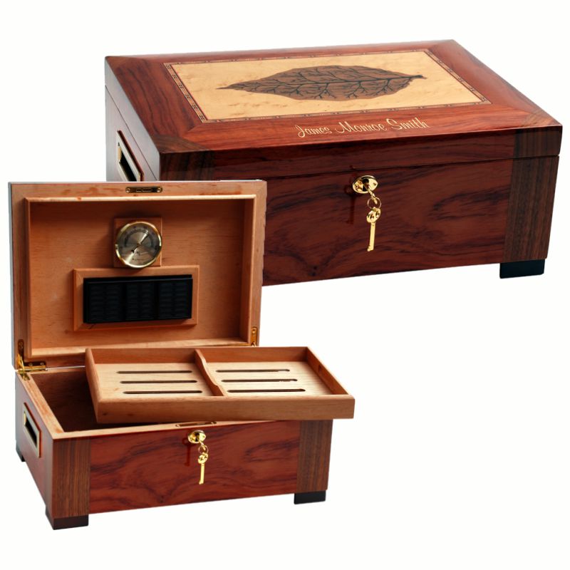 Personalized Humidors Inlaid Tobacco Leaf - Large Humidor - Personalized Engraved Gifts