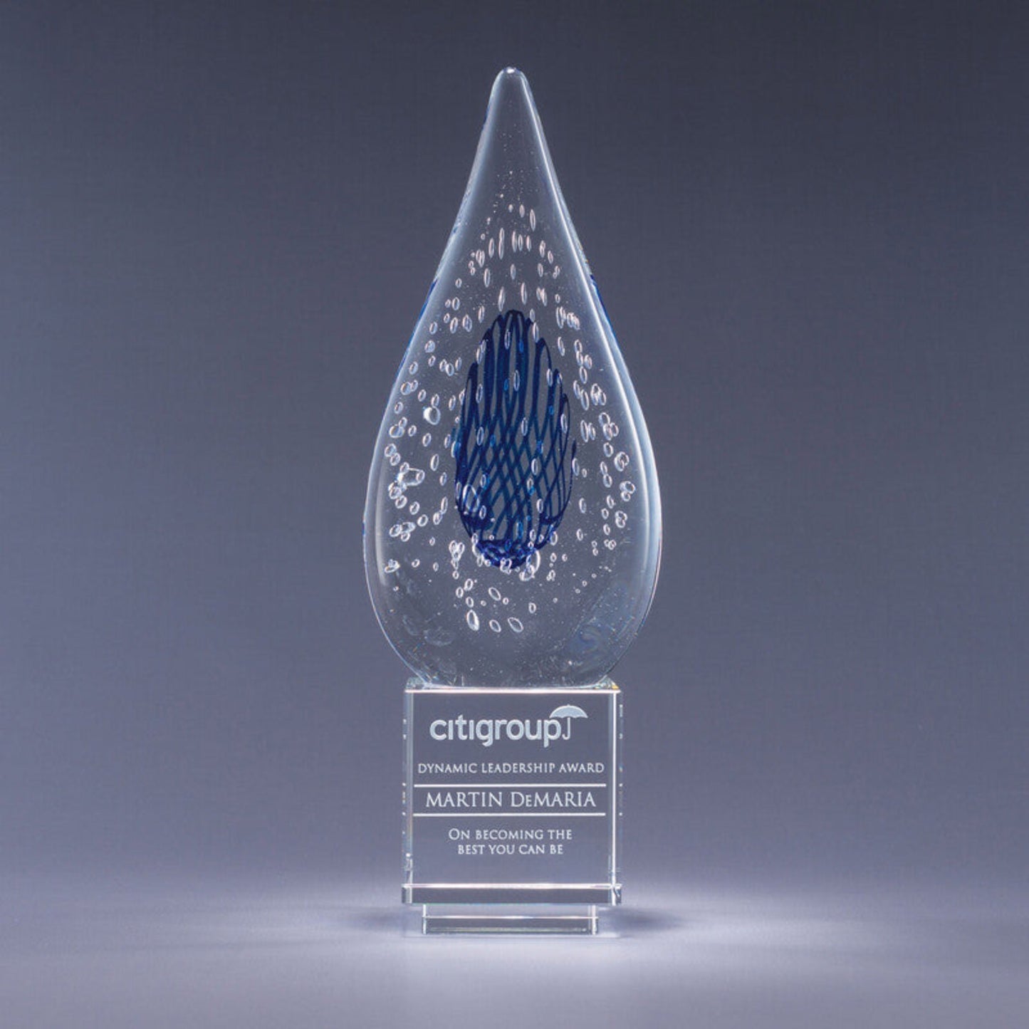 Personalized Engraved Art Glass Teardrop Award with Suspended Air Bubbles - Lila - Personalized Engraved Gifts