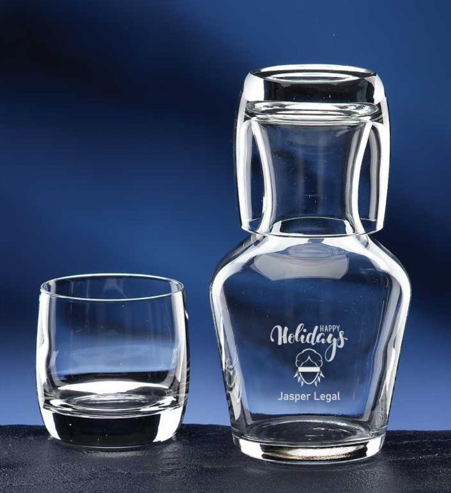 Water Carafe and Glass with Engraved Holiday Design - the Envoy - Personalized Engraved Gifts