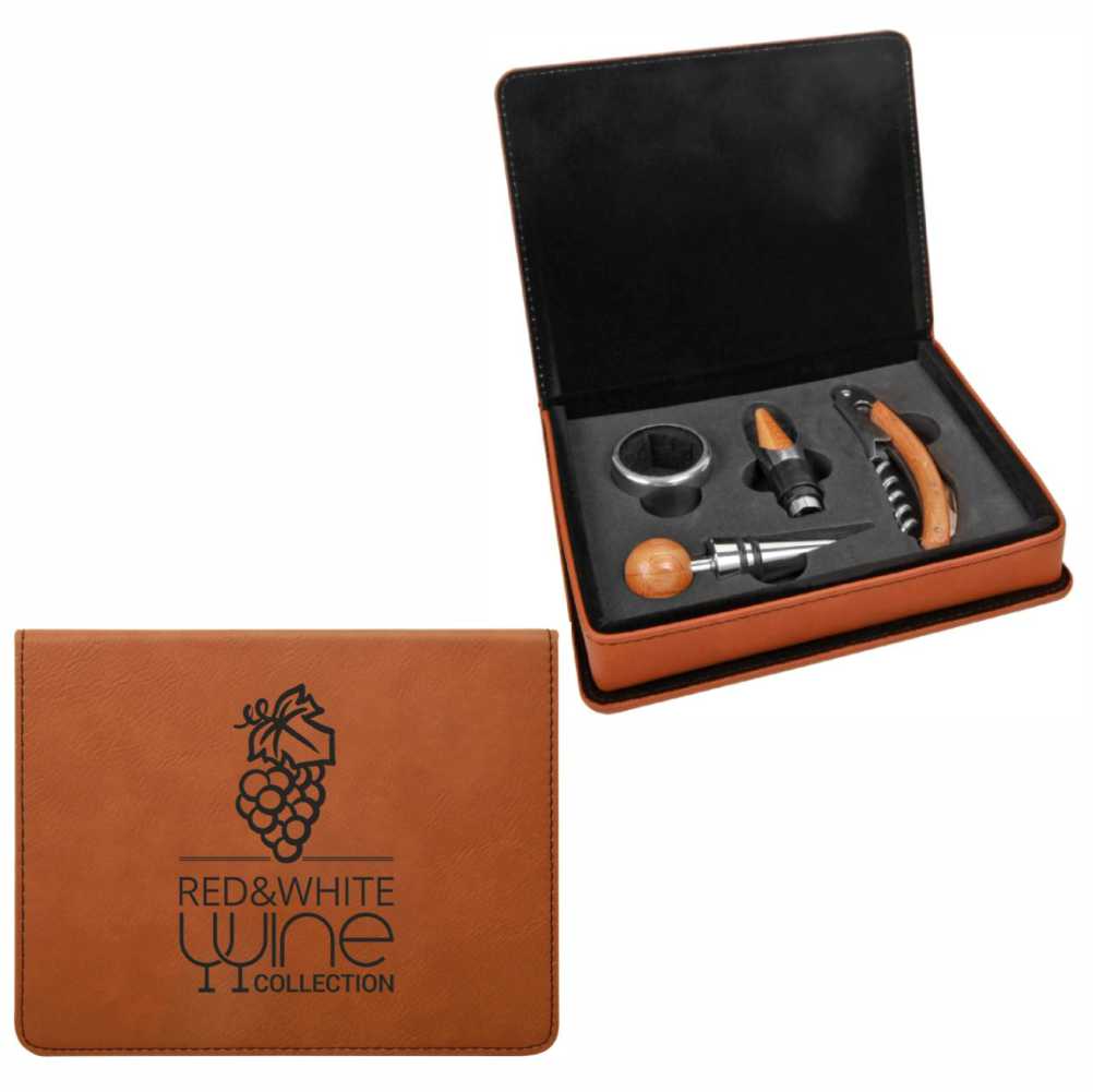 Engraved Rawhide Leatherette Wine Opener & Stopper 4-Piece Gift Set - Personalized Engraved Gifts