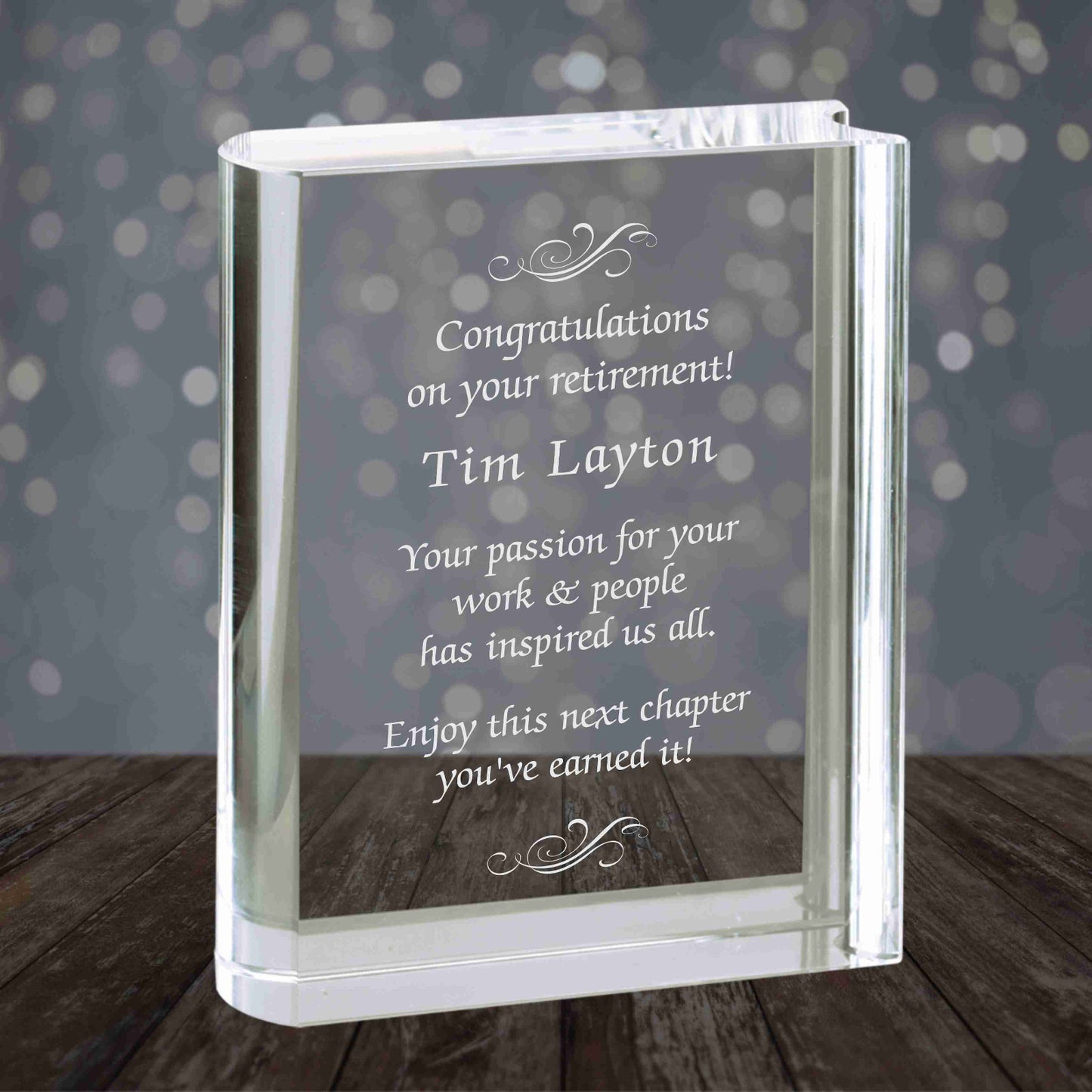 Crystal book award with retirement quote