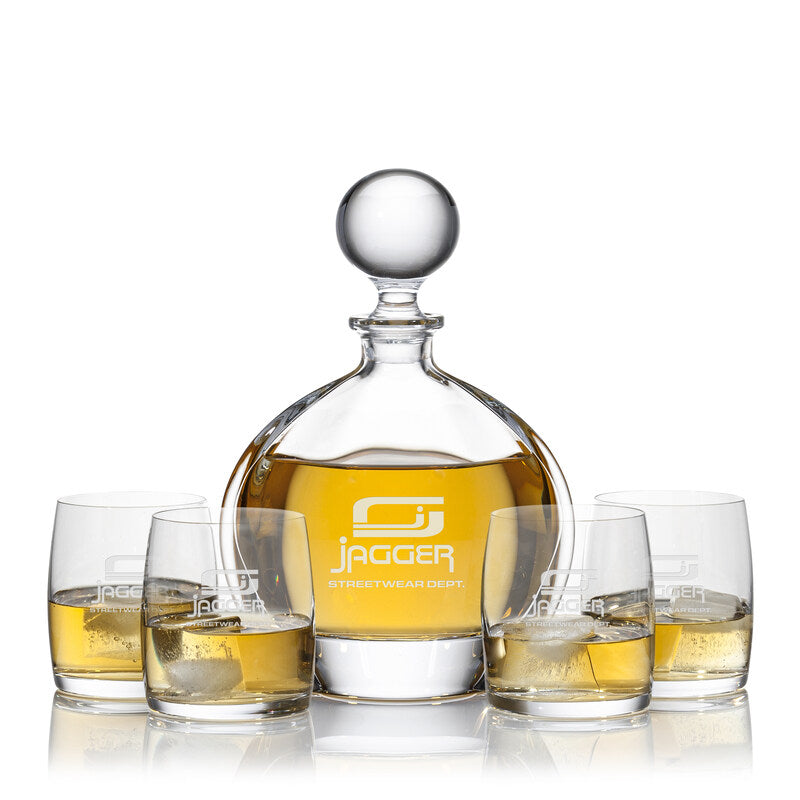 Crystal Round Decanter Set with Stopper and 4 Glasses ~ Fendius - Personalized Engraved Gifts