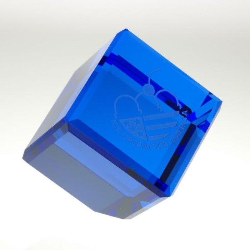 Standing Crystal Blue Customized Cube Paperweight Award - Personalized Engraved Gifts