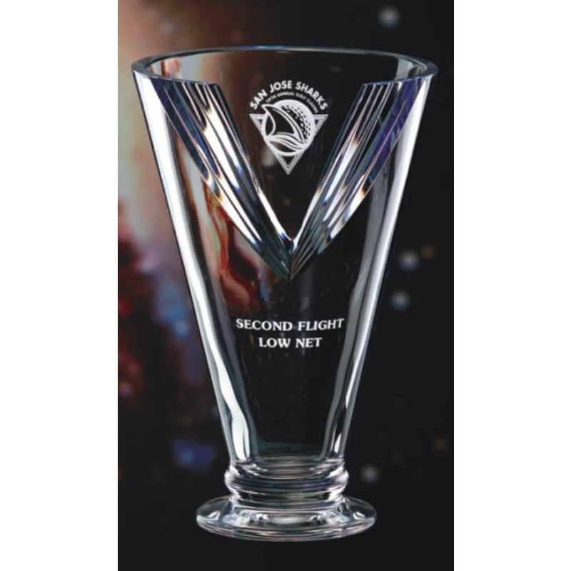 Unique Crystal Trophy Vase with Mitered Cut ~ Deep V - Personalized Engraved Gifts