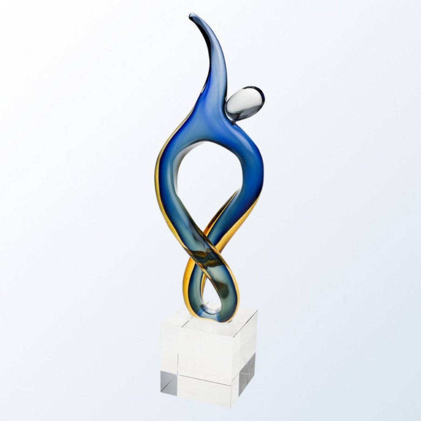 Figura de vidrio grabada en espiral abstracta azul y dorada ~ Pilar