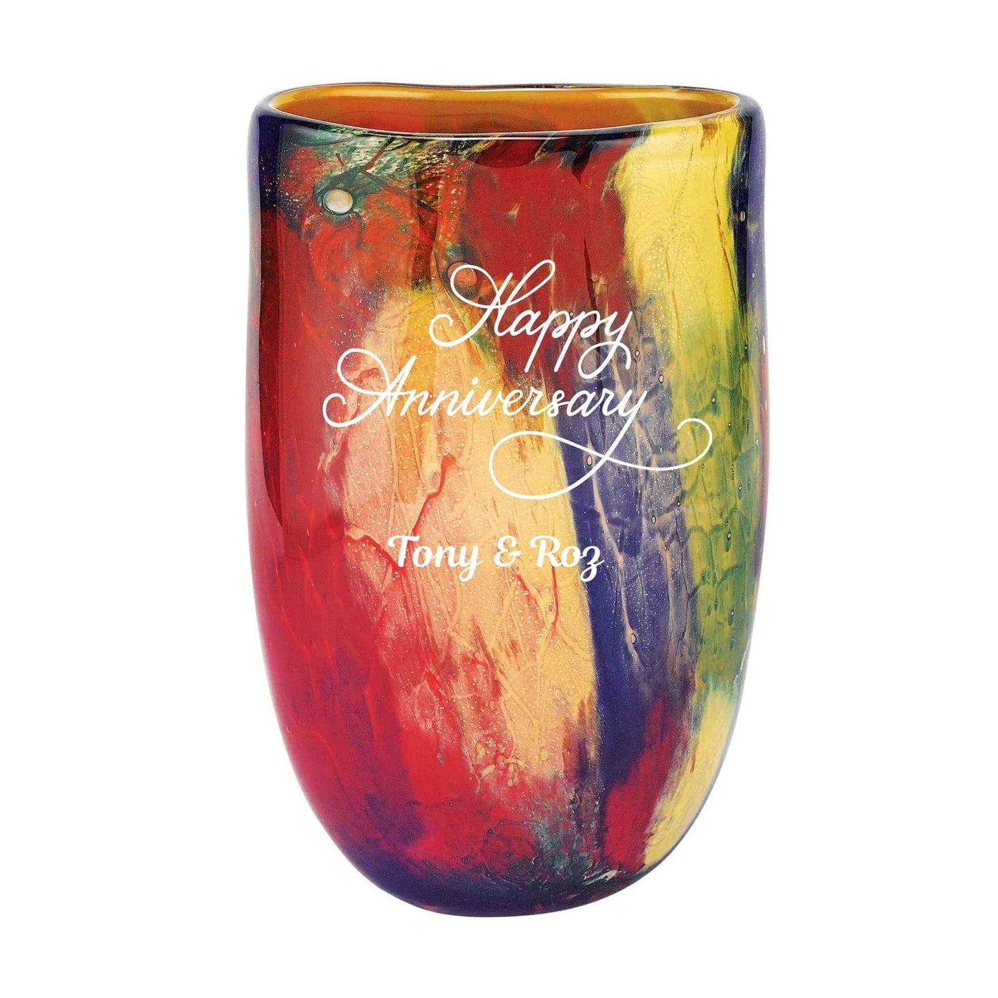 Colorful art glass vase with 'Happy Anniversary' engraved on the vase white background