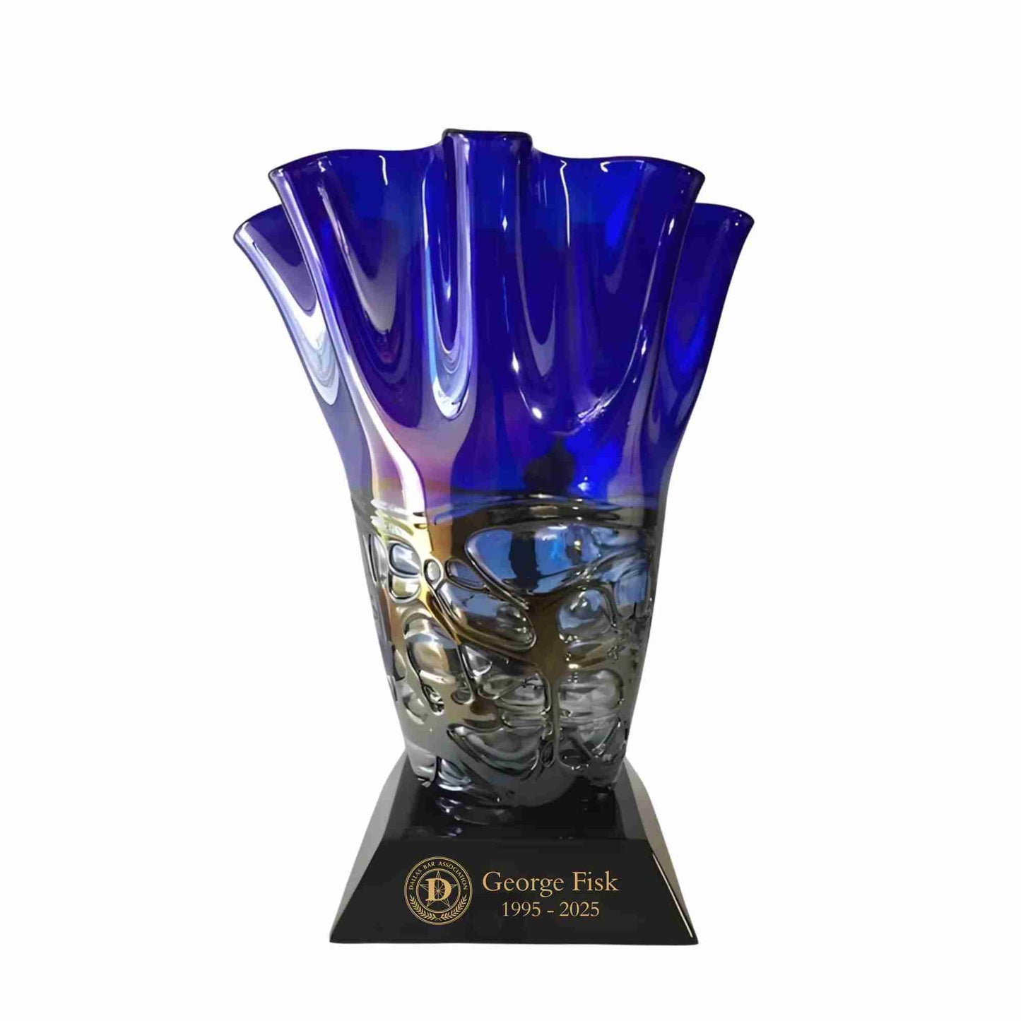 Blue art glass vase on black base with gold fill text