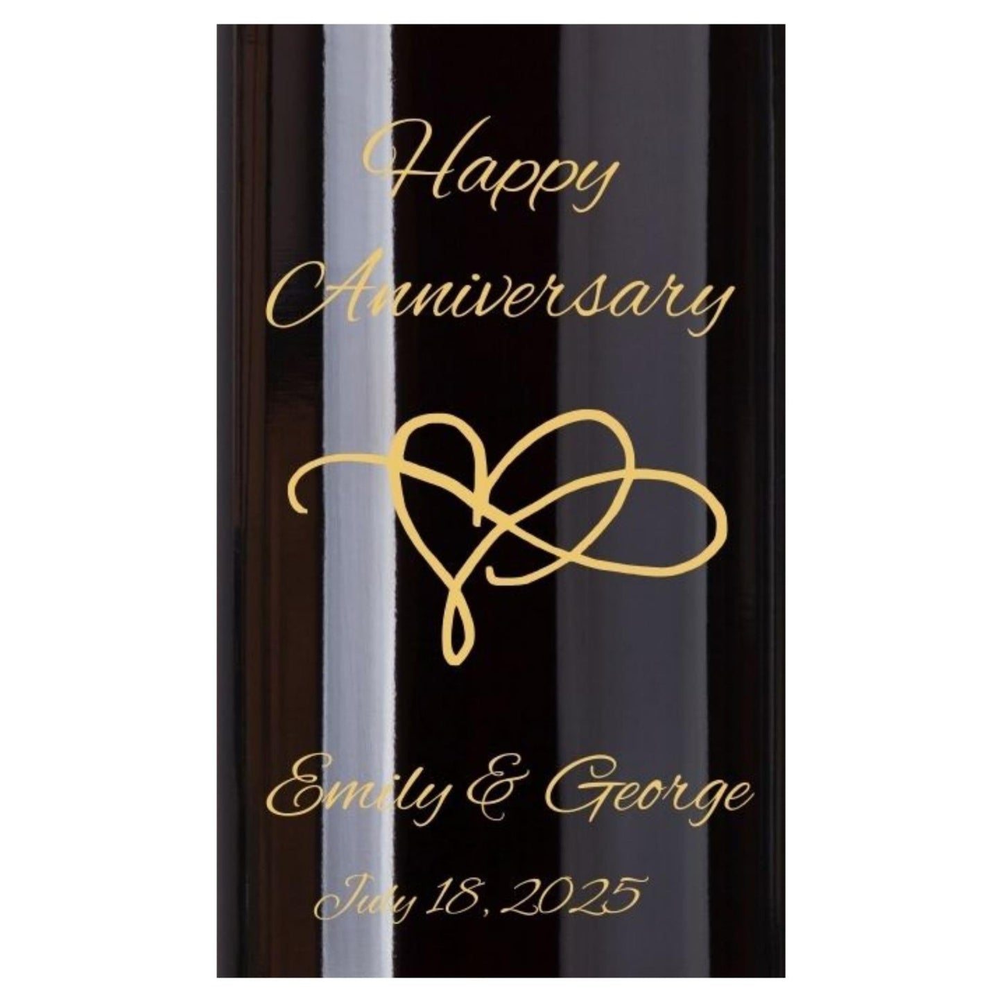 engraved Wine bottle with 'Happy Anniversary Emily & George' on a white background
