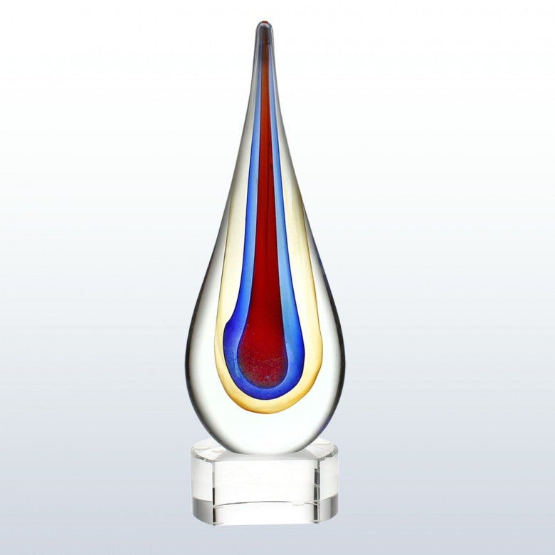 Premio colorido con forma de lágrima grabada en amarillo, azul y rojo
