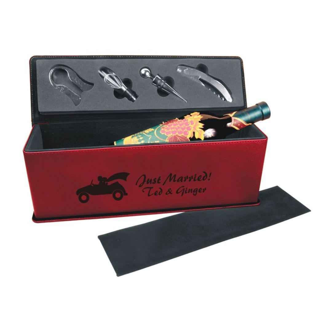 Personalized Wine Gift Box with Wine Tools ~ Red Leatherette - Personalized Engraved Gifts