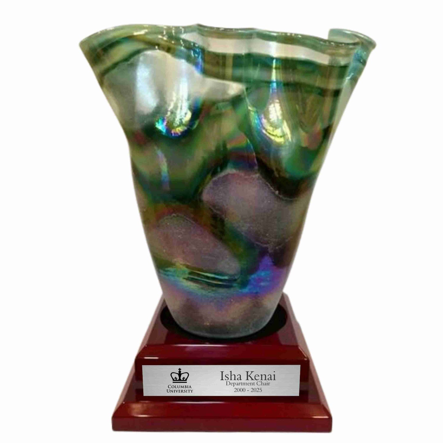 textured earth tone art glass vase on piano finish base engraved silver plate