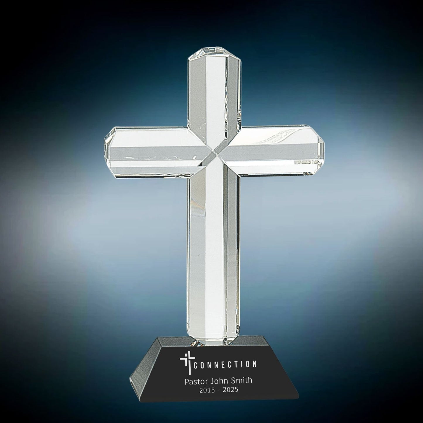 crystal cross on black base engraved