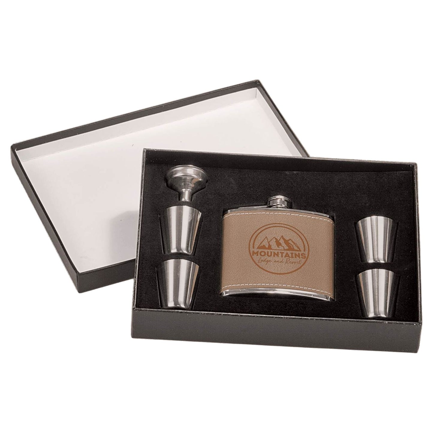 Set de regalo de frasco de cuero personalizado con 4 vasos de chupito