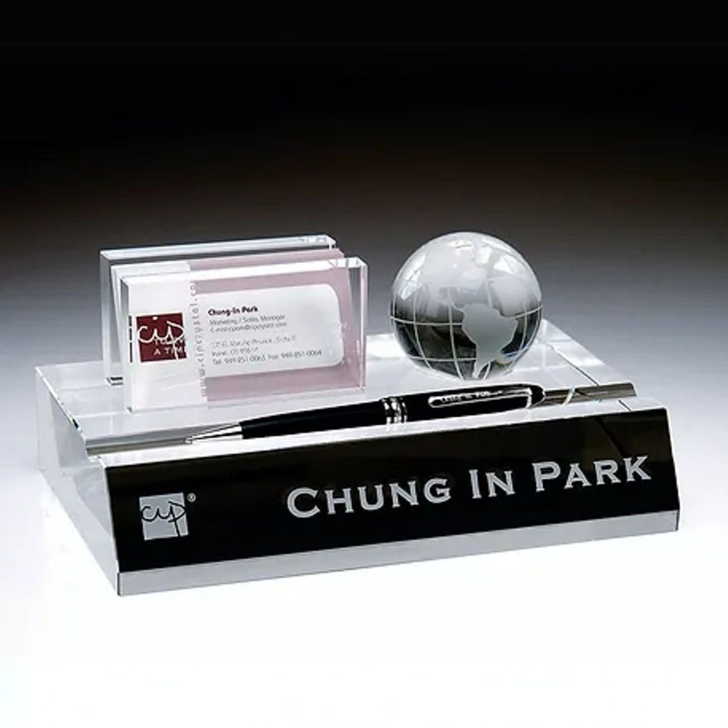 personalized crystal name plate with pen holder and globe