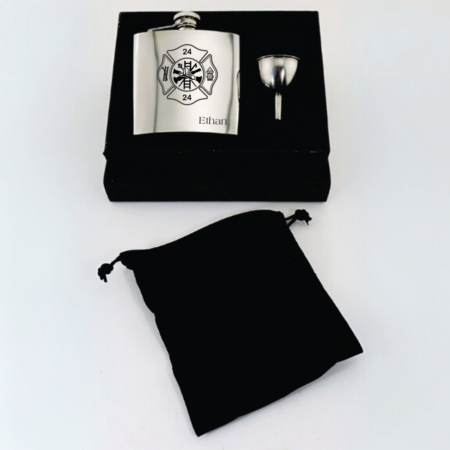 Juego de regalo de frasco de bolsillo con tapa cautiva de acero inoxidable grabado