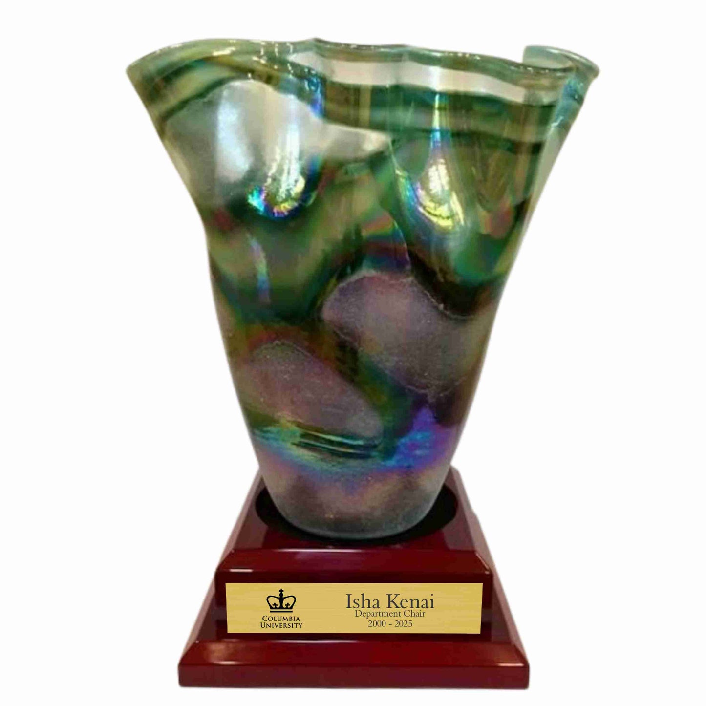 textured earth tone art glass vase on piano finish base engraved gold plate