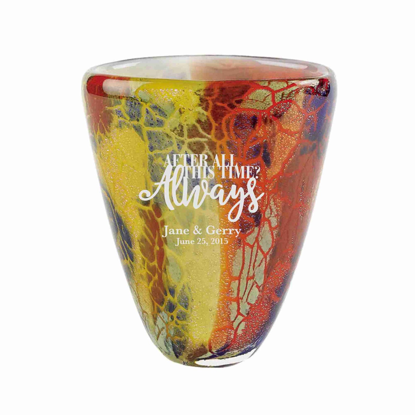 Colorful art glass vase engraved