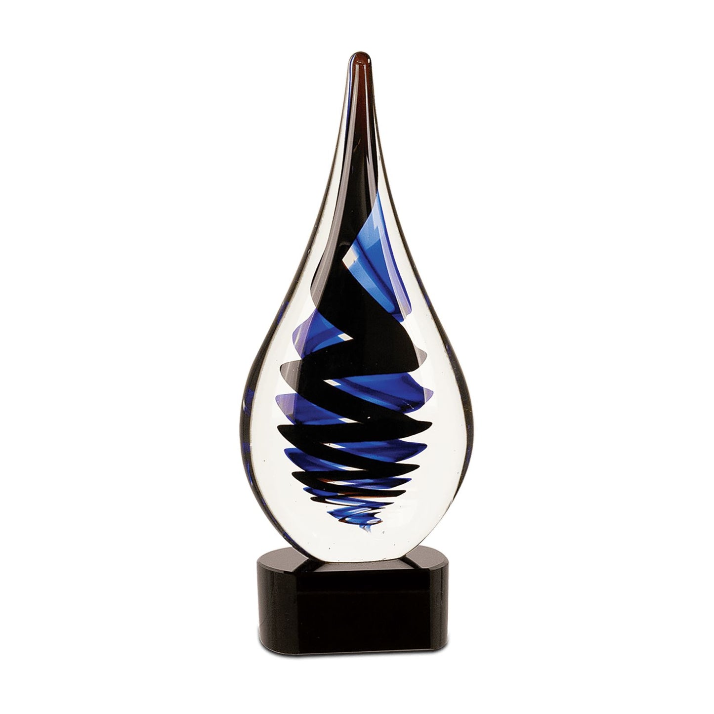 Premio de vidrio artístico en forma de lágrima con espirales negras y azules