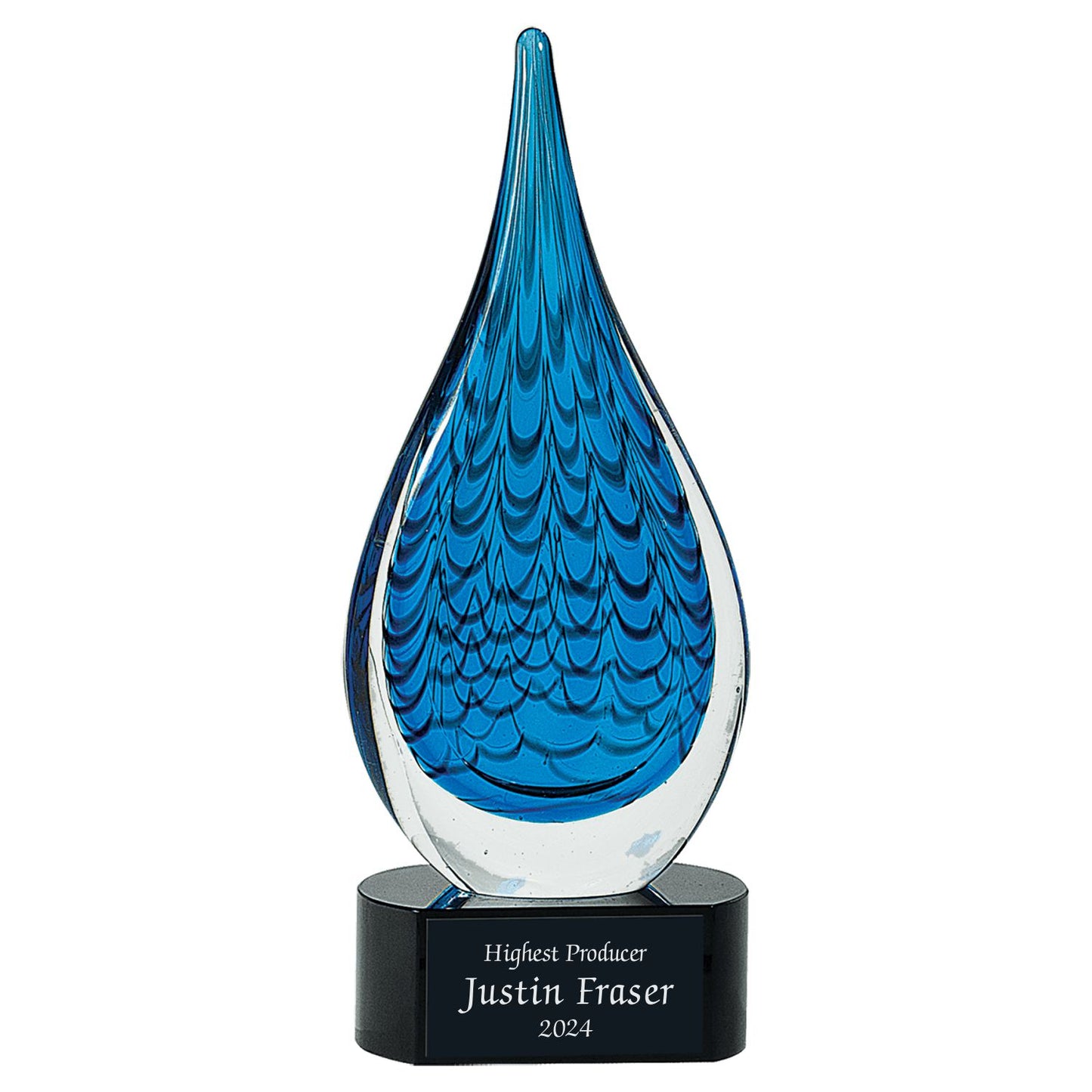 Premio de vidrio artístico con forma de gota de lluvia de cristal azul grabado sobre base negra