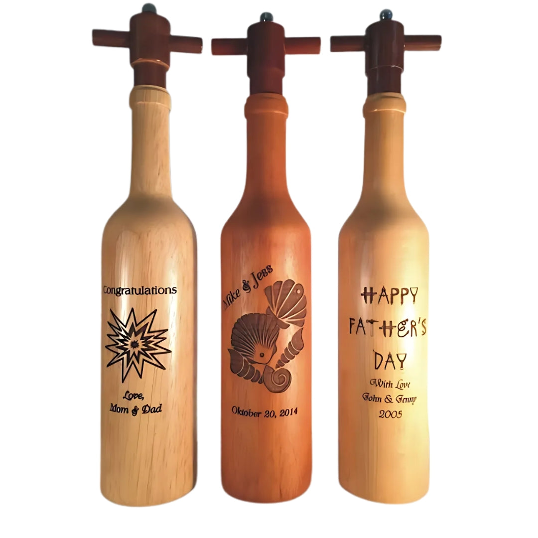 wooden wine bottle shaped pepper grinders engraved with personalization white background
