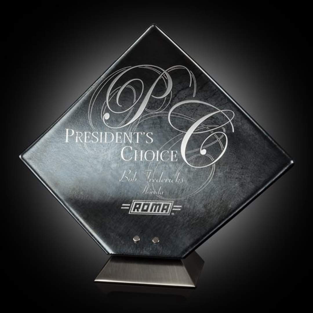 Premio de vidrio artístico metálico grabado sobre base de metal ~ Ghesseh