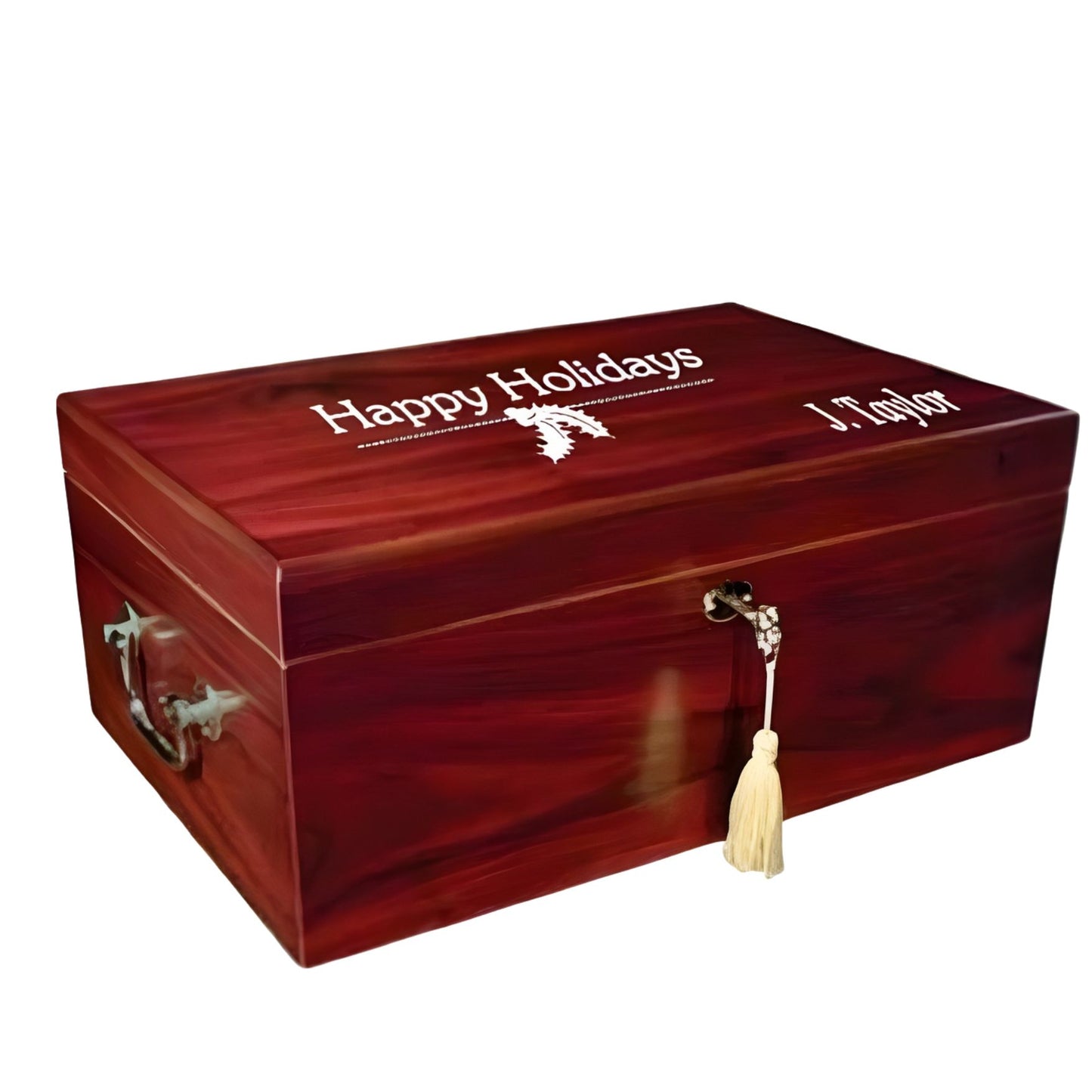 rosewood finished wooden humidor with gold key engraved for the holidays