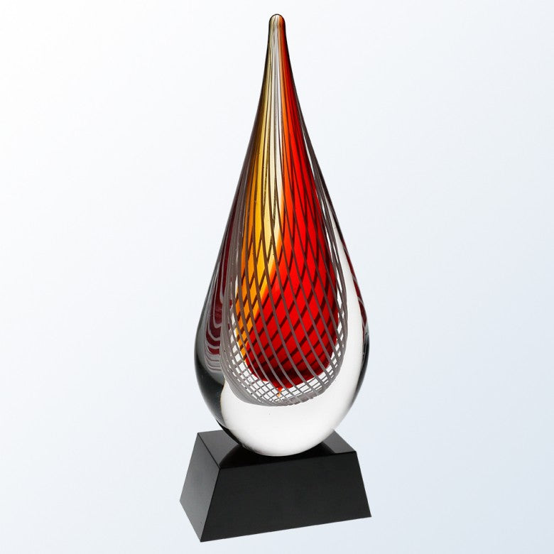 Premio de vidrio con forma de lágrima geométrica grabada en rojo fuego ~ Lewis