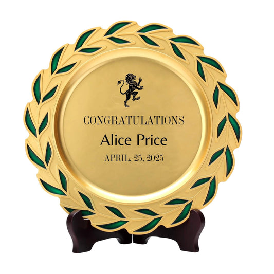 Personalized Gold Plate with Green Laurel Leaves
