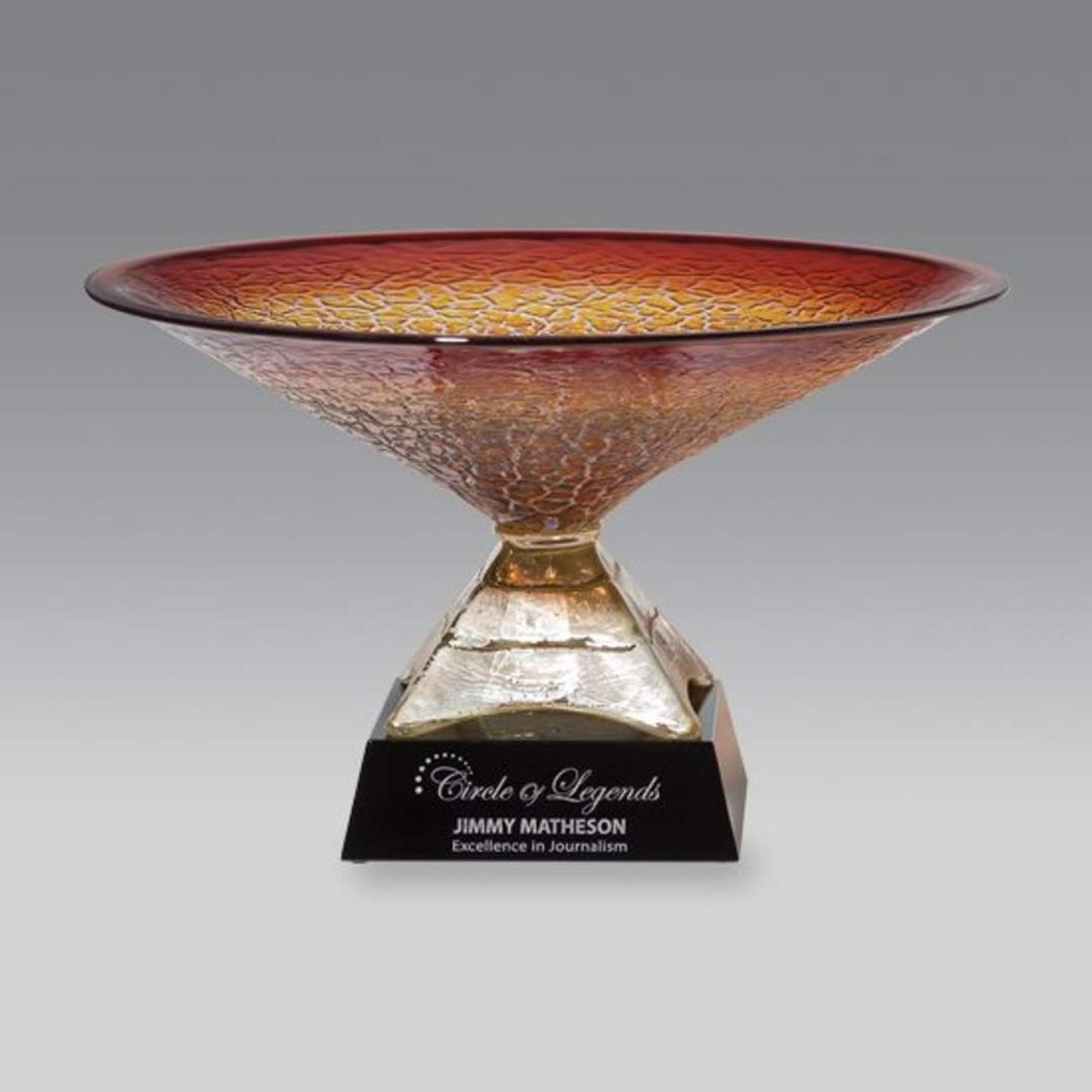 Gold Leaf Art Glass Bowl on Engraved Black Pedestal ~ Magistrate - Personalized Engraved Gifts