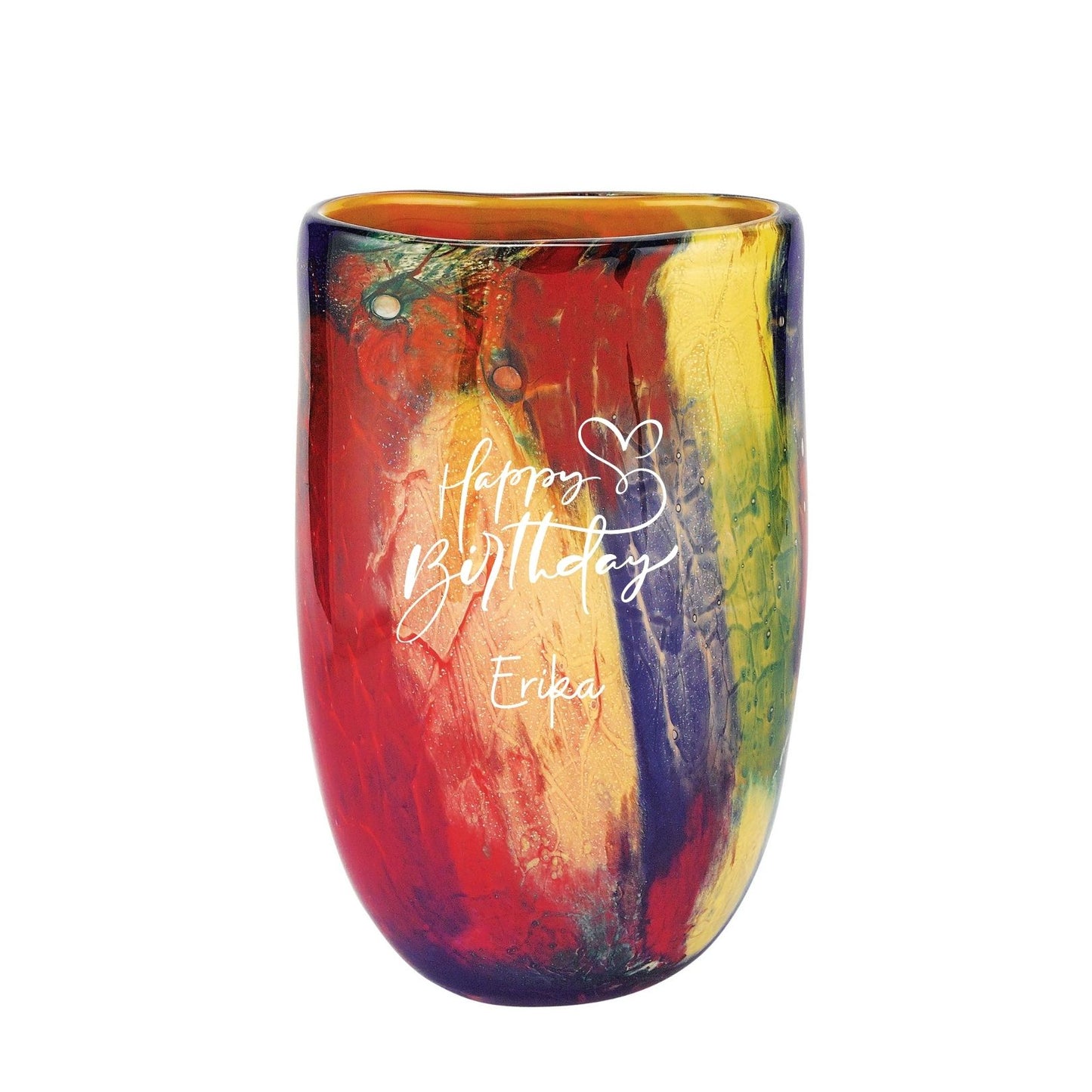 Colorful art glass vase with 'Happy Birthday Erika' engraved on the vase white background